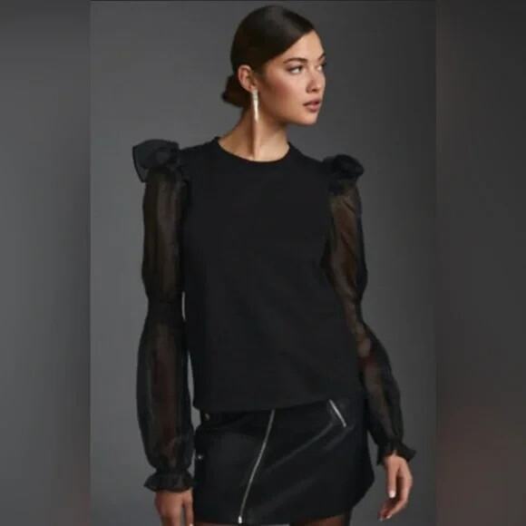 Anthropologie Tops - Anthropologie Black Puff Sheer Long Sleeve Blouse Women’s Size M Romantic Top